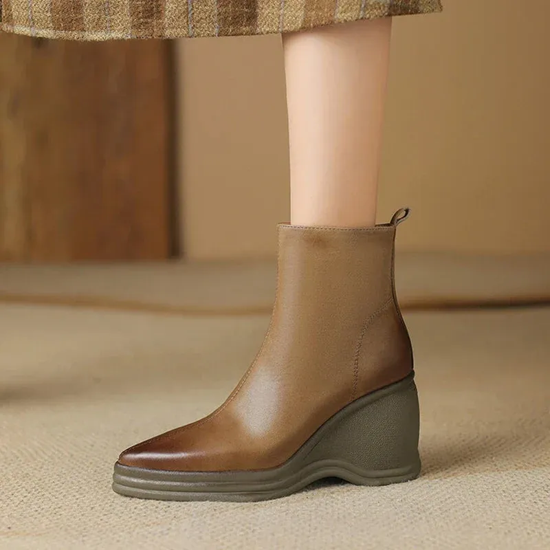 Joskaa NEW Autumn Women Boots Genuine Leather Shoes for Women Pointed Toe Wedges Shoes Zip Ankle Boots Concise High Heel Modern Boots