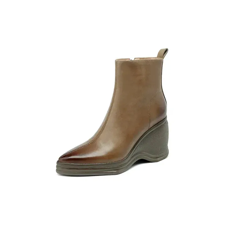 Joskaa NEW Autumn Women Boots Genuine Leather Shoes for Women Pointed Toe Wedges Shoes Zip Ankle Boots Concise High Heel Modern Boots