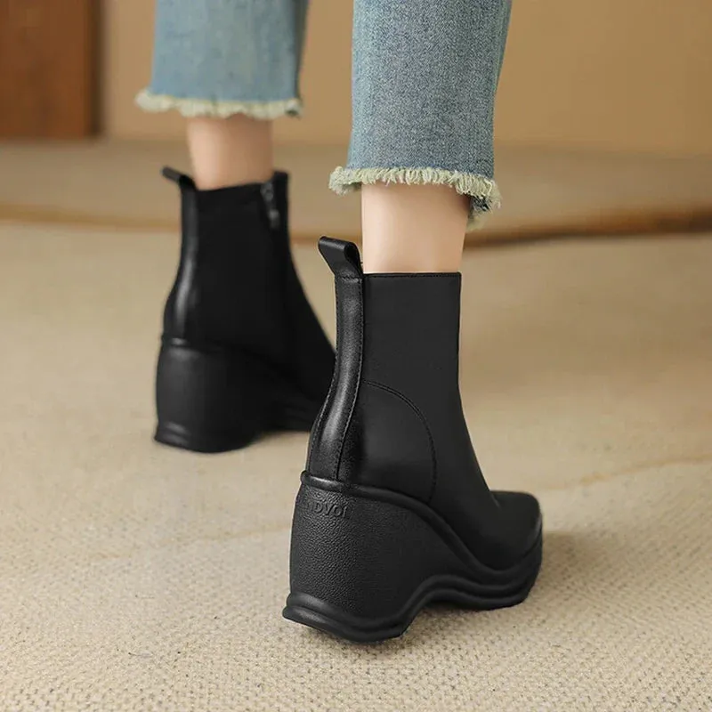 Joskaa NEW Autumn Women Boots Genuine Leather Shoes for Women Pointed Toe Wedges Shoes Zip Ankle Boots Concise High Heel Modern Boots