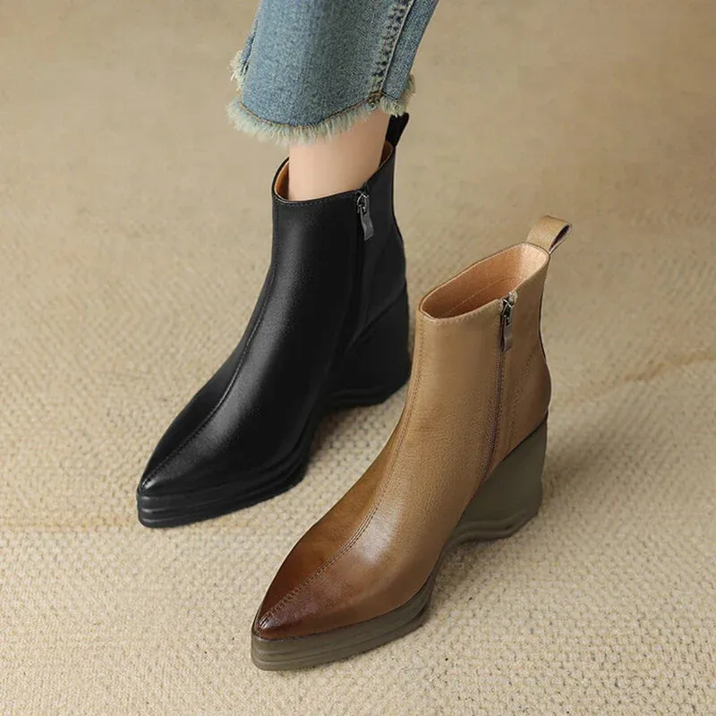 Joskaa NEW Autumn Women Boots Genuine Leather Shoes for Women Pointed Toe Wedges Shoes Zip Ankle Boots Concise High Heel Modern Boots