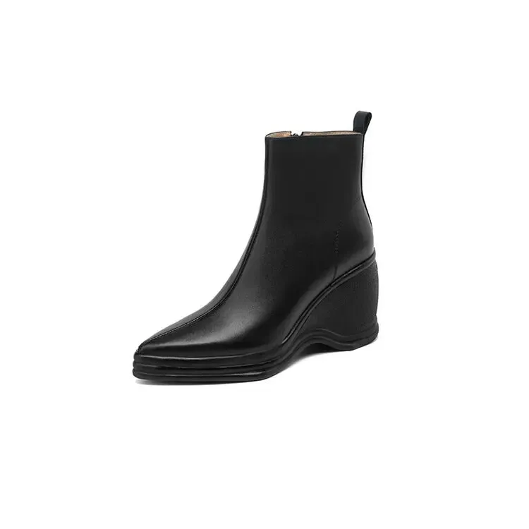 Joskaa NEW Autumn Women Boots Genuine Leather Shoes for Women Pointed Toe Wedges Shoes Zip Ankle Boots Concise High Heel Modern Boots