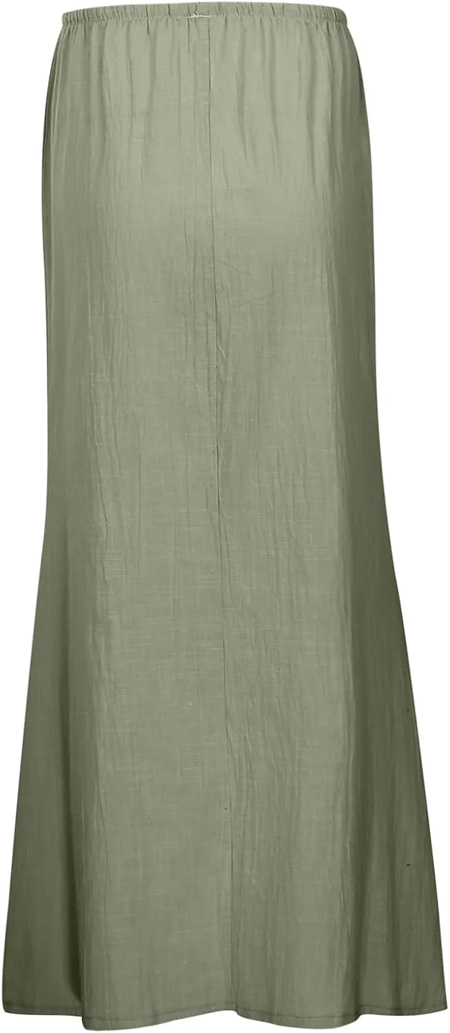 Linen Maxi Skirt for Women Drawstring Waist A Line Long Flowy Ankle-Length Trendy Boho Dress Comfy Summer Beach Vacation