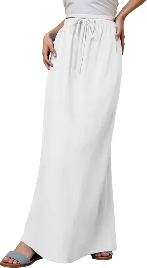 Linen Maxi Skirt for Women Drawstring Waist A Line Long Flowy Ankle-Length Trendy Boho Dress Comfy Summer Beach Vacation