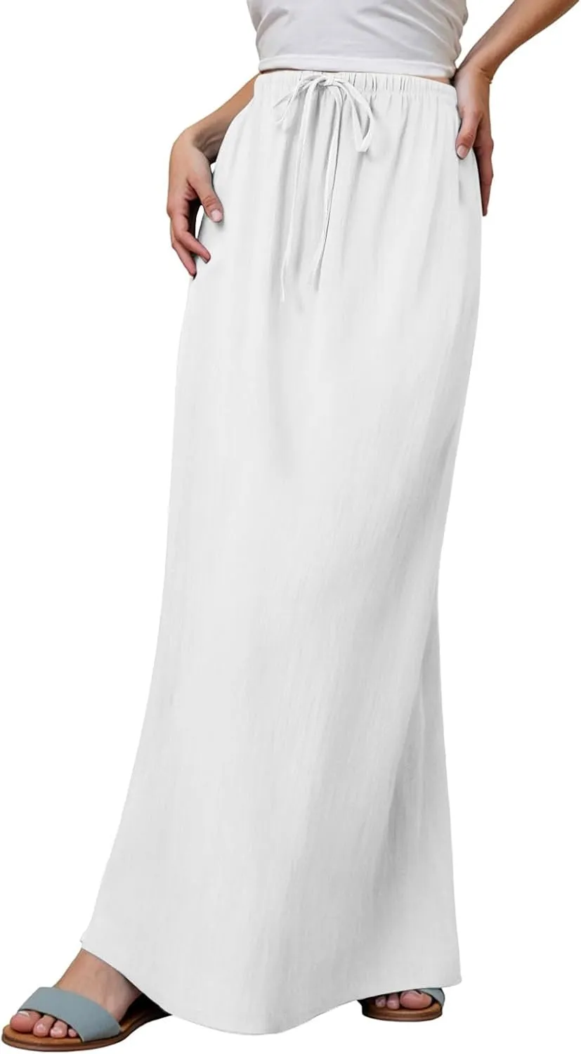 Linen Maxi Skirt for Women Drawstring Waist A Line Long Flowy Ankle-Length Trendy Boho Dress Comfy Summer Beach Vacation