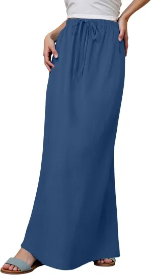 Linen Maxi Skirt for Women Drawstring Waist A Line Long Flowy Ankle-Length Trendy Boho Dress Comfy Summer Beach Vacation