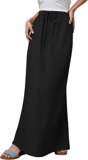 Linen Maxi Skirt for Women Drawstring Waist A Line Long Flowy Ankle-Length Trendy Boho Dress Comfy Summer Beach Vacation