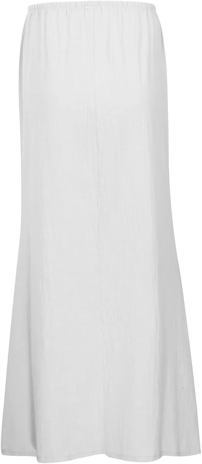 Linen Maxi Skirt for Women Drawstring Waist A Line Long Flowy Ankle-Length Trendy Boho Dress Comfy Summer Beach Vacation