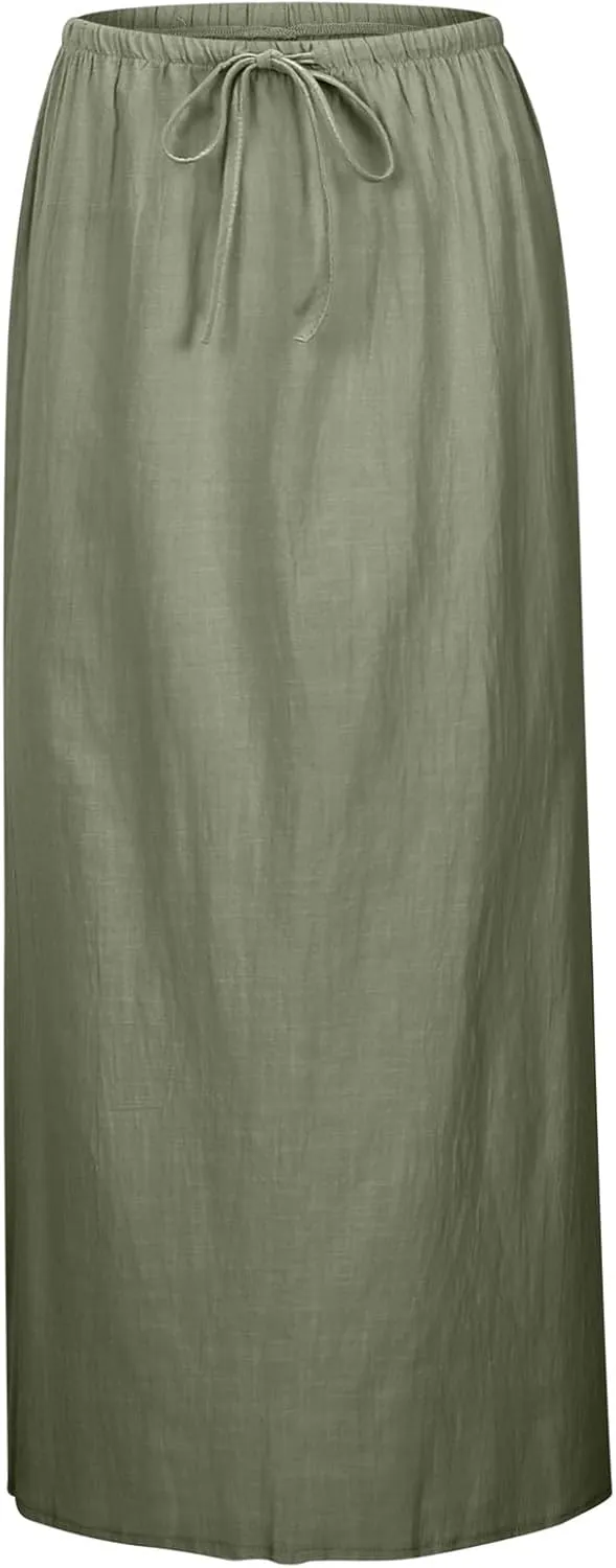 Linen Maxi Skirt for Women Drawstring Waist A Line Long Flowy Ankle-Length Trendy Boho Dress Comfy Summer Beach Vacation