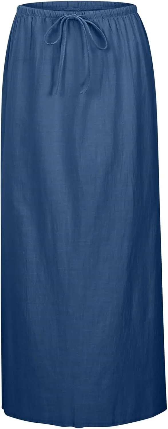 Linen Maxi Skirt for Women Drawstring Waist A Line Long Flowy Ankle-Length Trendy Boho Dress Comfy Summer Beach Vacation