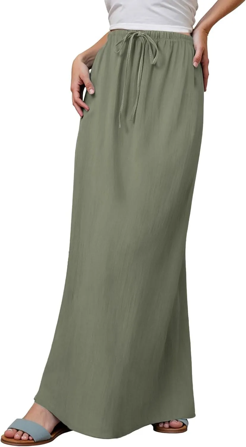 Linen Maxi Skirt for Women Drawstring Waist A Line Long Flowy Ankle-Length Trendy Boho Dress Comfy Summer Beach Vacation