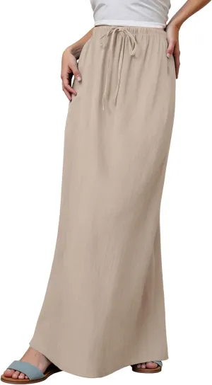 Linen Maxi Skirt for Women Drawstring Waist A Line Long Flowy Ankle-Length Trendy Boho Dress Comfy Summer Beach Vacation