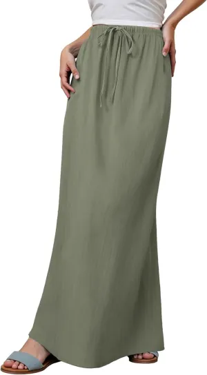 Linen Maxi Skirt for Women Drawstring Waist A Line Long Flowy Ankle-Length Trendy Boho Dress Comfy Summer Beach Vacation