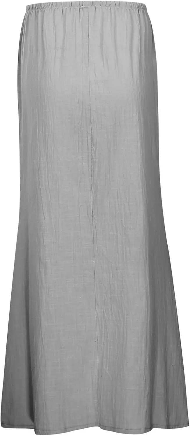 Linen Maxi Skirt for Women Drawstring Waist A Line Long Flowy Ankle-Length Trendy Boho Dress Comfy Summer Beach Vacation