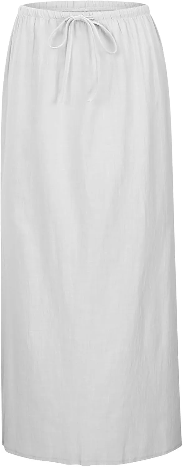 Linen Maxi Skirt for Women Drawstring Waist A Line Long Flowy Ankle-Length Trendy Boho Dress Comfy Summer Beach Vacation