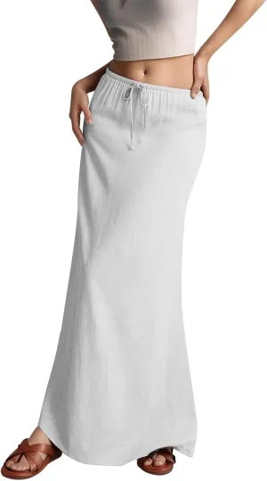 Linen Maxi Skirts for Women Trendy Summer Comfy Drawstring A Line Skirts Casual Beach Vacation Boho Flowy Long Skirts