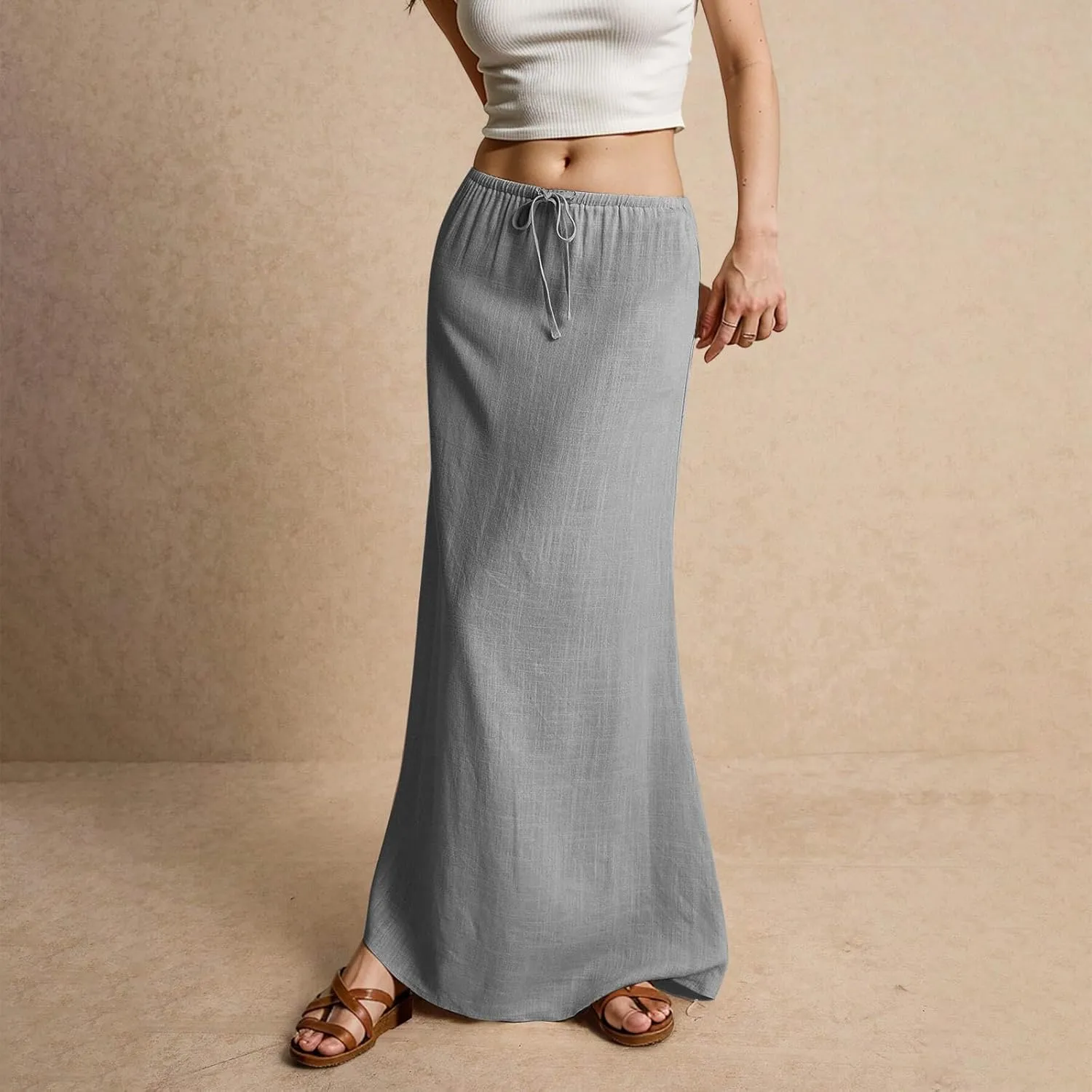 Linen Maxi Skirts for Women Trendy Summer Comfy Drawstring Waist A Line Dresses Cute Vacation Boho Long Flowy Skirts