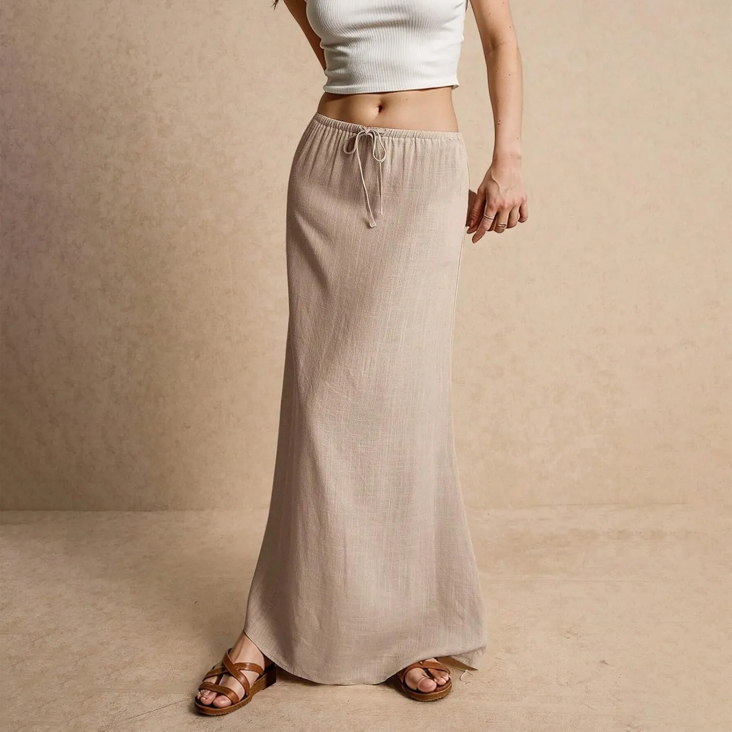 Linen Maxi Skirts for Women Trendy Summer Comfy Drawstring Waist A Line Dresses Cute Vacation Boho Long Flowy Skirts