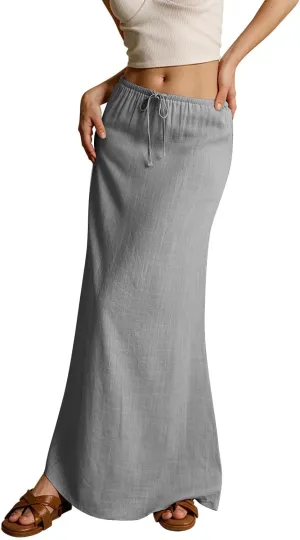 Linen Maxi Skirts for Women Trendy Summer Comfy Drawstring Waist A Line Dresses Cute Vacation Boho Long Flowy Skirts