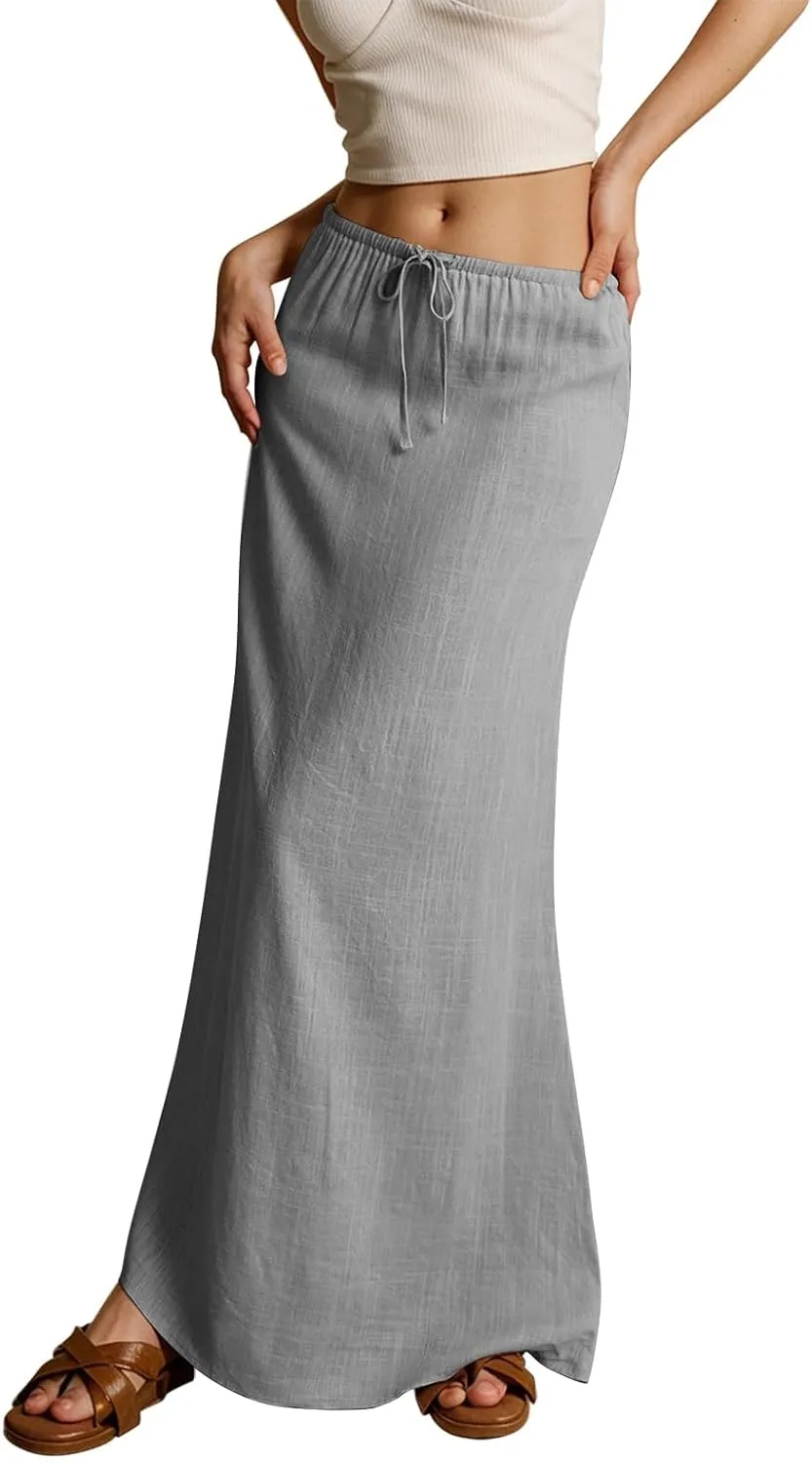 Linen Maxi Skirts for Women Trendy Summer Comfy Drawstring Waist A Line Dresses Cute Vacation Boho Long Flowy Skirts