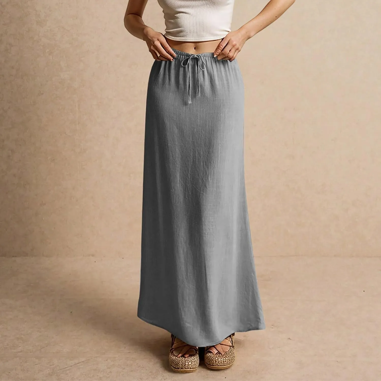 Linen Maxi Skirts for Women Trendy Summer Comfy Drawstring Waist A Line Dresses Cute Vacation Boho Long Flowy Skirts