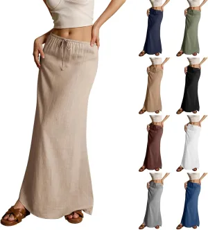 Linen Maxi Skirts for Women Trendy Summer Comfy Drawstring Waist A Line Dresses Cute Vacation Boho Long Flowy Skirts