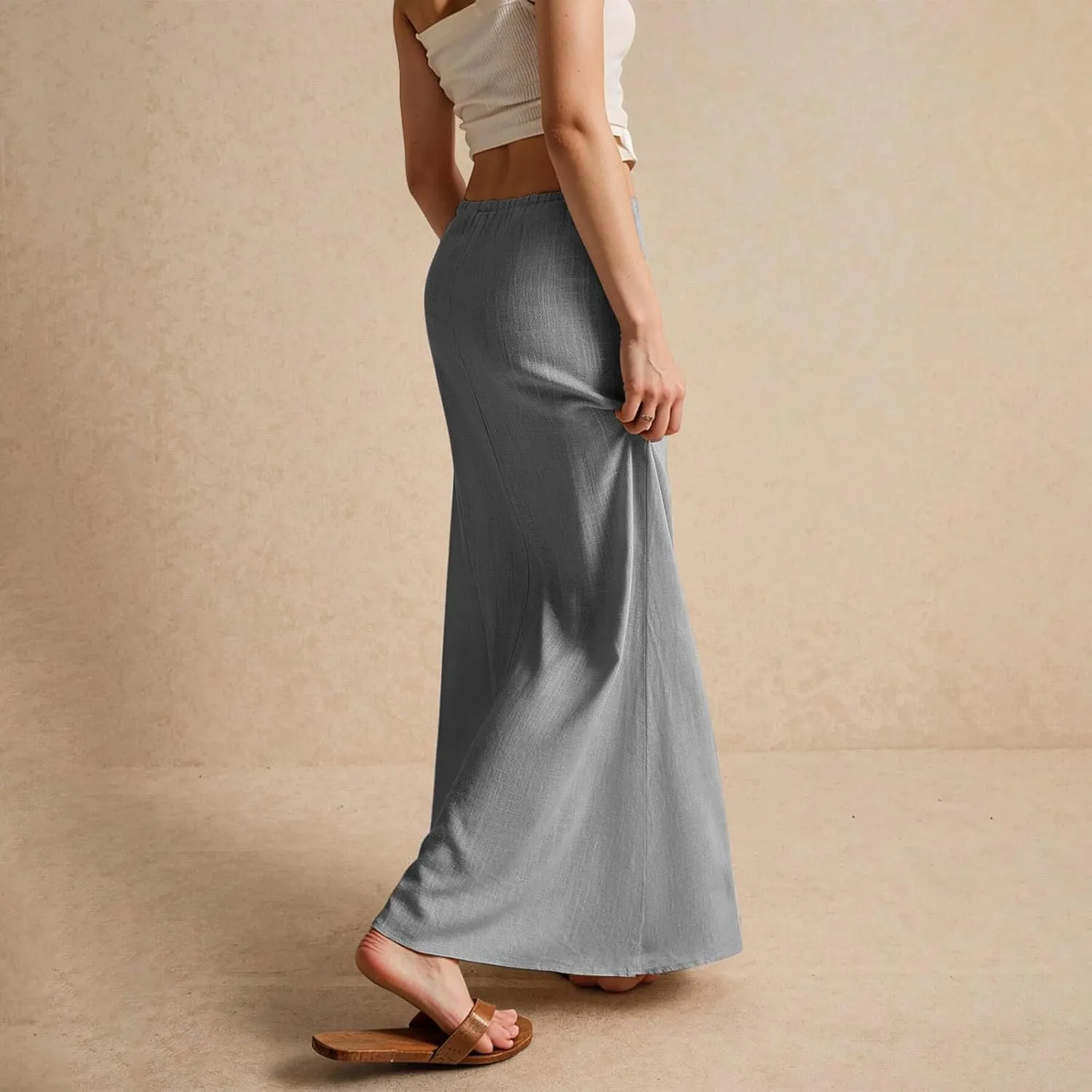 Linen Maxi Skirts for Women Trendy Summer Comfy Drawstring Waist A Line Dresses Cute Vacation Boho Long Flowy Skirts