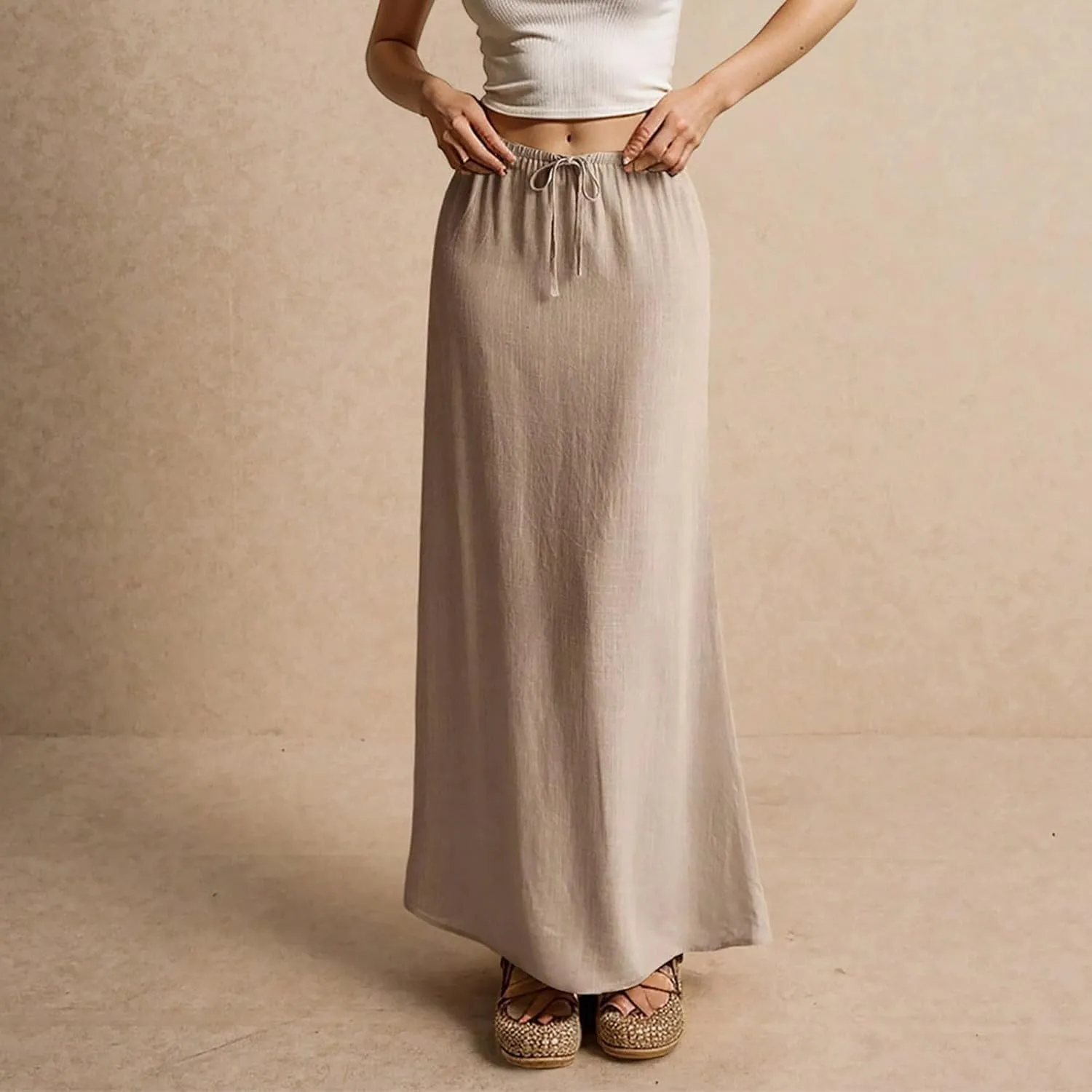 Linen Maxi Skirts for Women Trendy Summer Comfy Drawstring Waist A Line Dresses Cute Vacation Boho Long Flowy Skirts