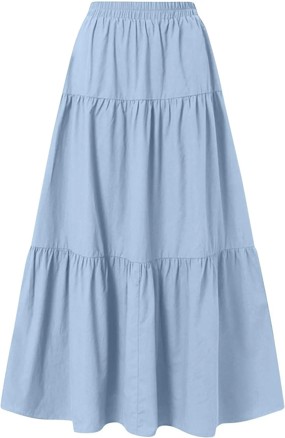 Linen Midi Skirts for Women Summer Boho Flowy Swing Tiered Long Maxi Skirt Elastic Drawstring Pleated Beach Skirt