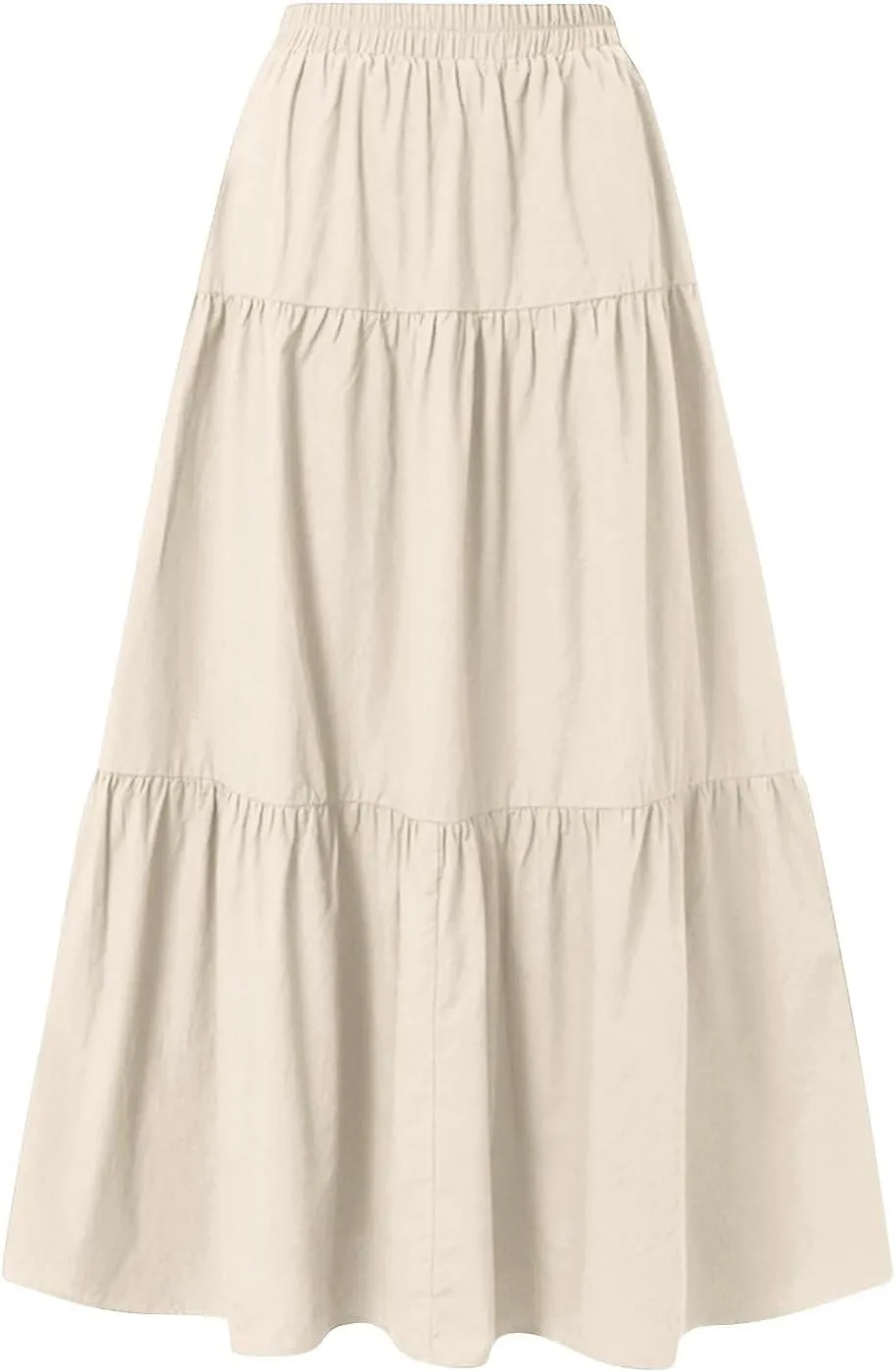 Linen Midi Skirts for Women Summer Boho Flowy Swing Tiered Long Maxi Skirt Elastic Drawstring Pleated Beach Skirt
