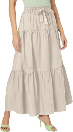 Linen Midi Skirts for Women Summer Boho Flowy Swing Tiered Long Maxi Skirt Elastic Drawstring Pleated Beach Skirt