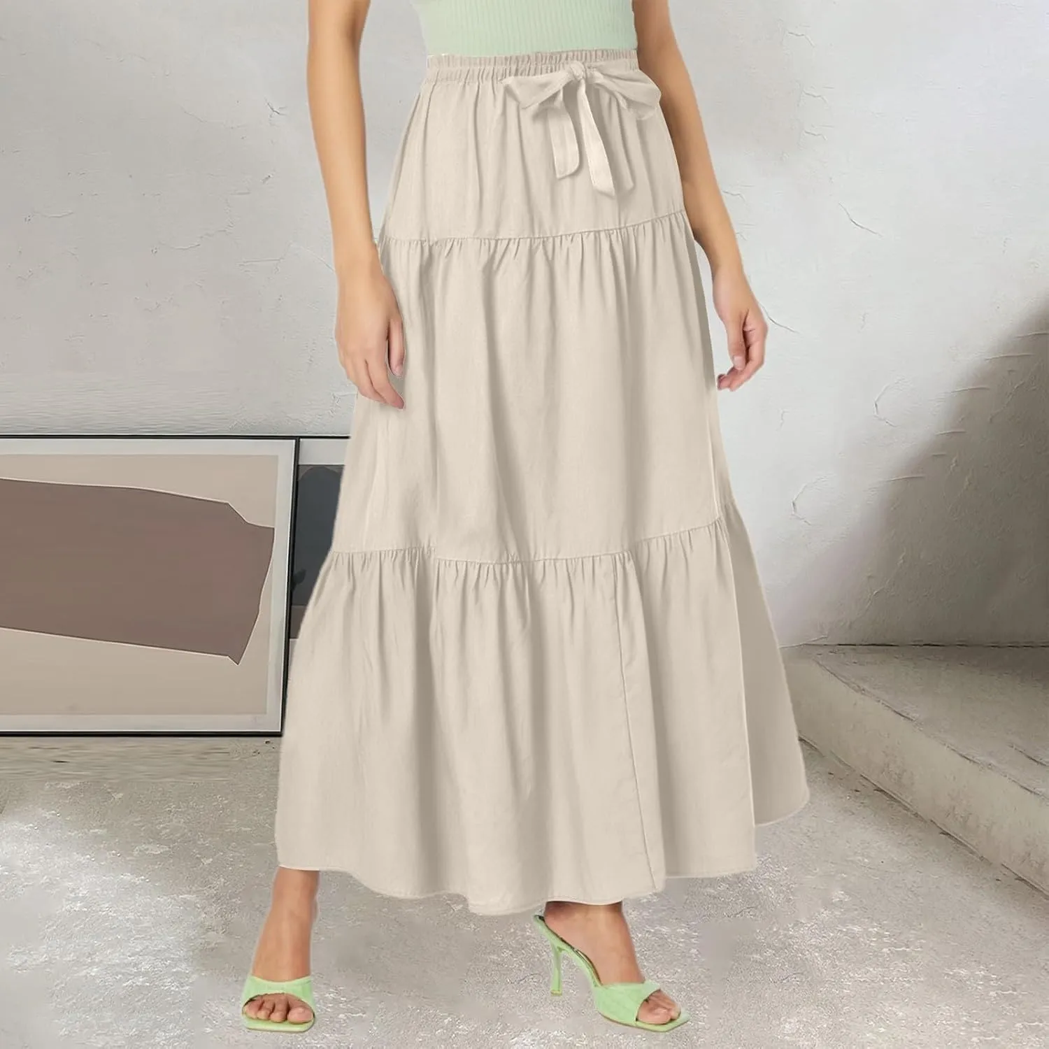 Linen Midi Skirts for Women Summer Boho Flowy Swing Tiered Long Maxi Skirt Elastic Drawstring Pleated Beach Skirt