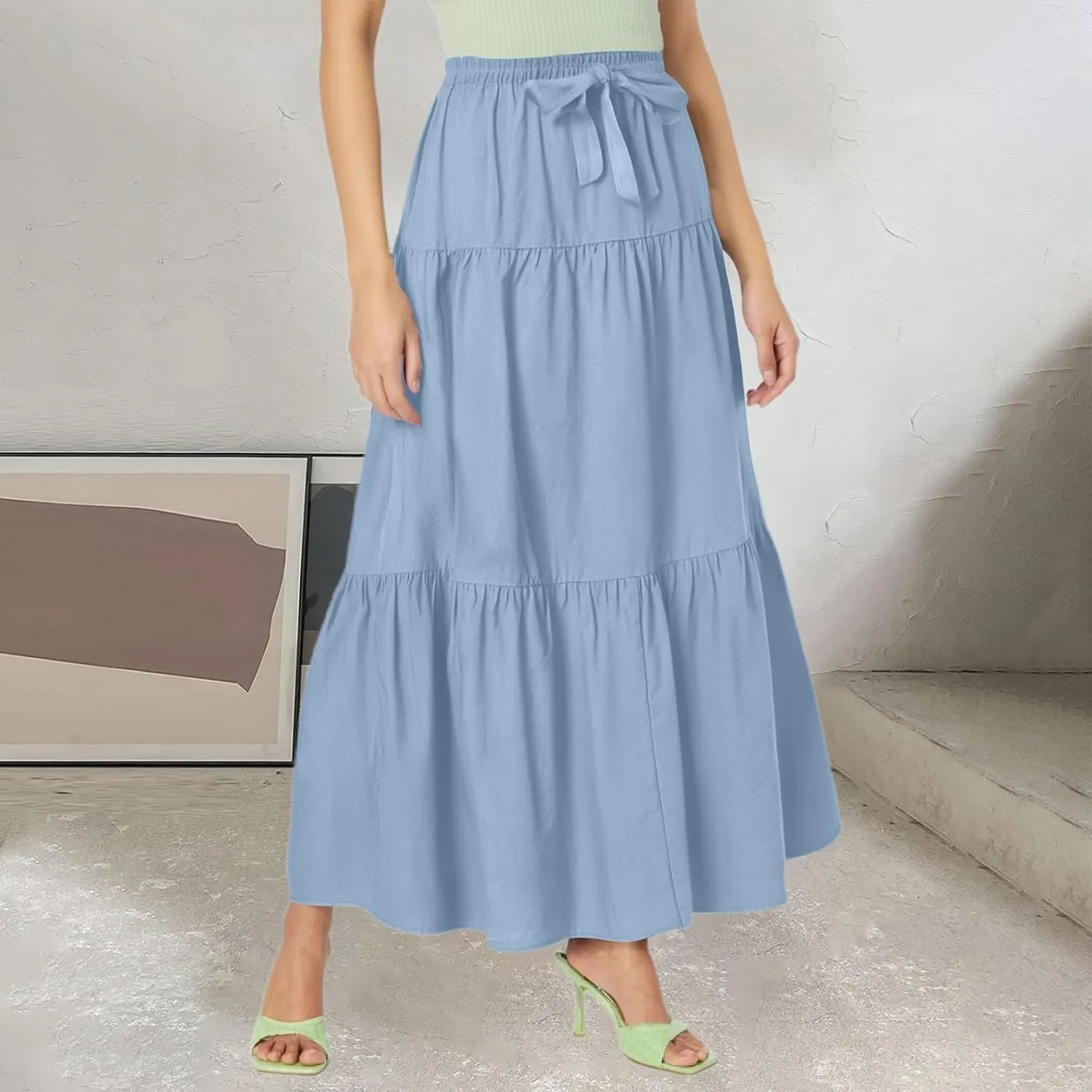 Linen Midi Skirts for Women Summer Boho Flowy Swing Tiered Long Maxi Skirt Elastic Drawstring Pleated Beach Skirt