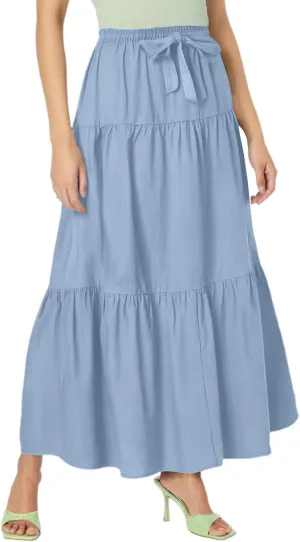 Linen Midi Skirts for Women Summer Boho Flowy Swing Tiered Long Maxi Skirt Elastic Drawstring Pleated Beach Skirt