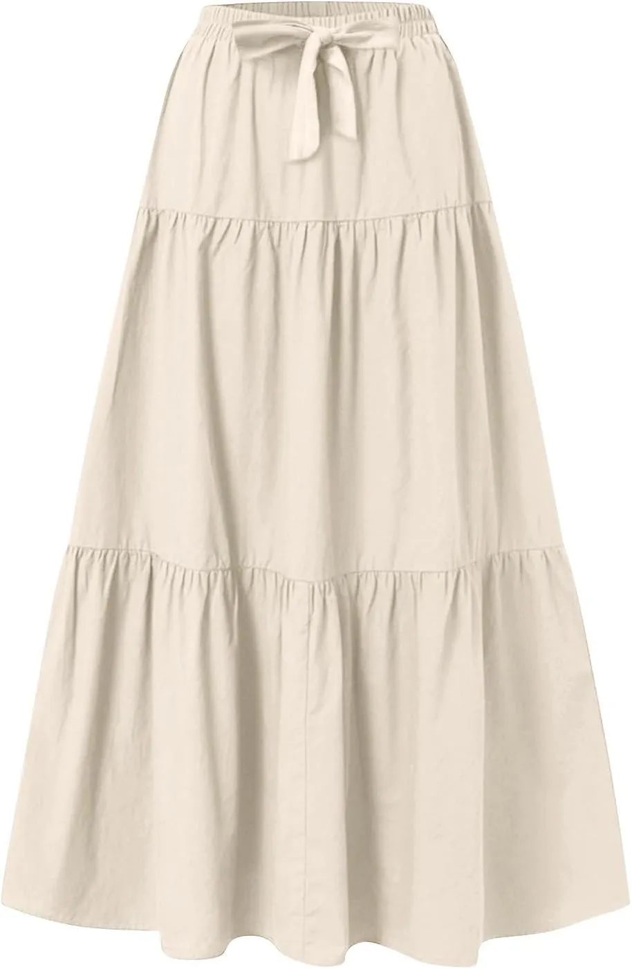 Linen Midi Skirts for Women Summer Boho Flowy Swing Tiered Long Maxi Skirt Elastic Drawstring Pleated Beach Skirt