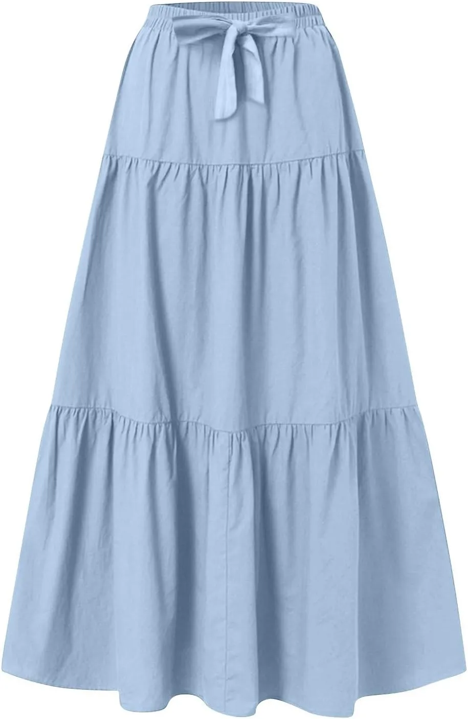 Linen Midi Skirts for Women Summer Boho Flowy Swing Tiered Long Maxi Skirt Elastic Drawstring Pleated Beach Skirt