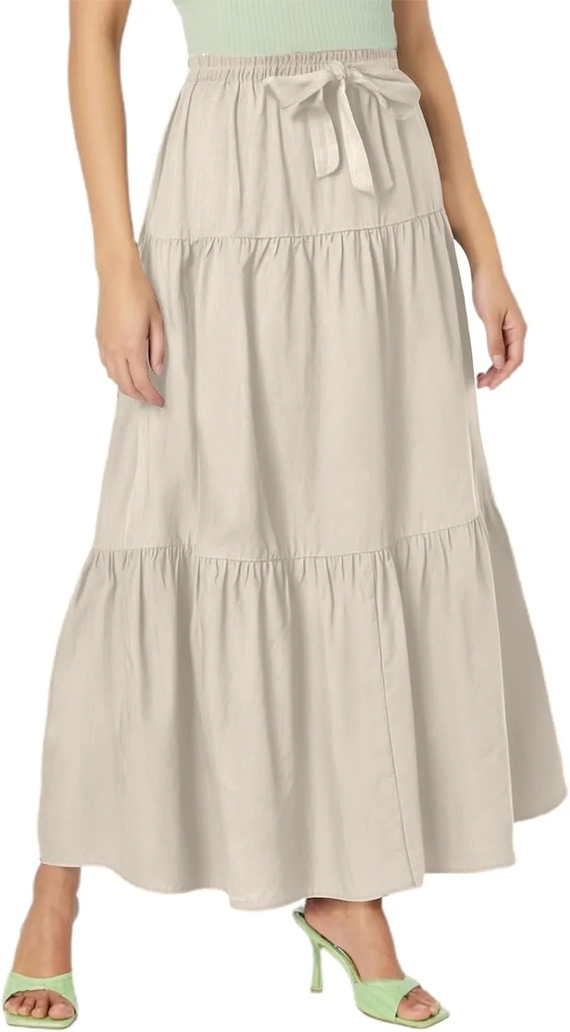 Linen Midi Skirts for Women Summer Boho Flowy Swing Tiered Long Maxi Skirt Elastic Drawstring Pleated Beach Skirt