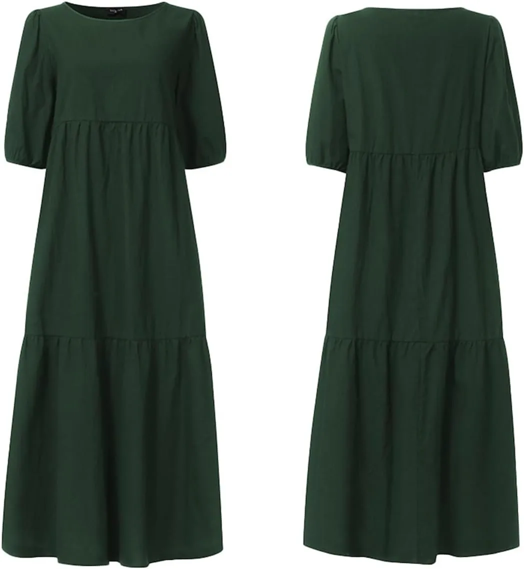 LOEL Women's Summer Casual Boho Dress Solid Color Ruffle Short Sleeve High Waist Midi Plus Size Beach Dresses