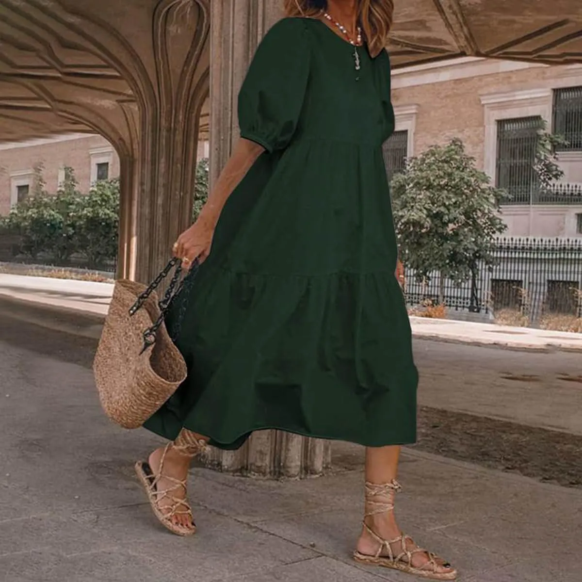 LOEL Women's Summer Casual Boho Dress Solid Color Ruffle Short Sleeve High Waist Midi Plus Size Beach Dresses