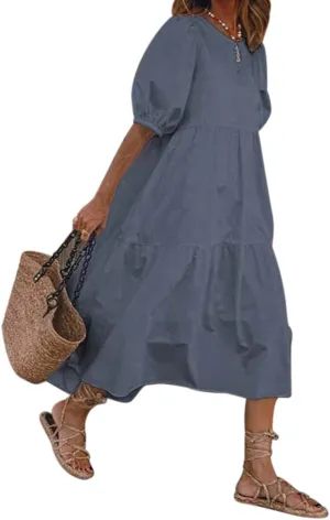 LOEL Women's Summer Casual Boho Dress Solid Color Ruffle Short Sleeve High Waist Midi Plus Size Beach Dresses