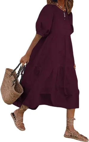 LOEL Women's Summer Casual Boho Dress Solid Color Ruffle Short Sleeve High Waist Midi Plus Size Beach Dresses