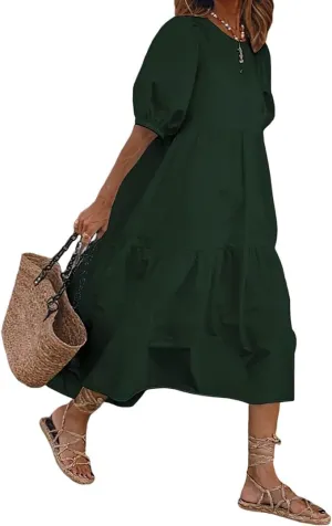 LOEL Women's Summer Casual Boho Dress Solid Color Ruffle Short Sleeve High Waist Midi Plus Size Beach Dresses