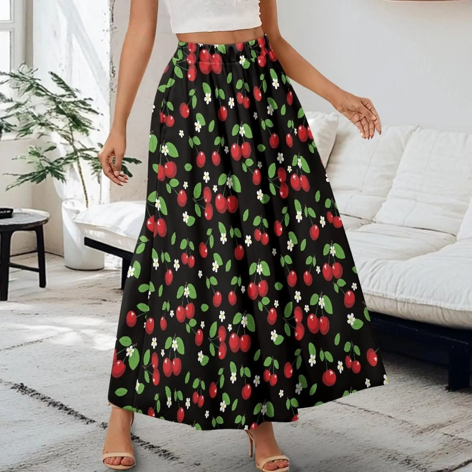 Long Maxi Skirts for Women High Waisted Ruched Skirts with Pockets Breathable Boho Clothes for Ladies S-2XL