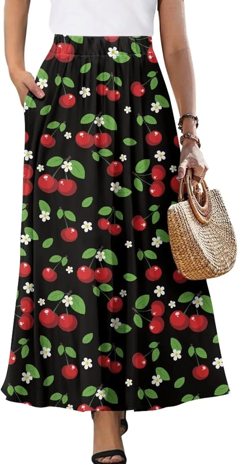 Long Maxi Skirts for Women High Waisted Ruched Skirts with Pockets Breathable Boho Clothes for Ladies S-2XL