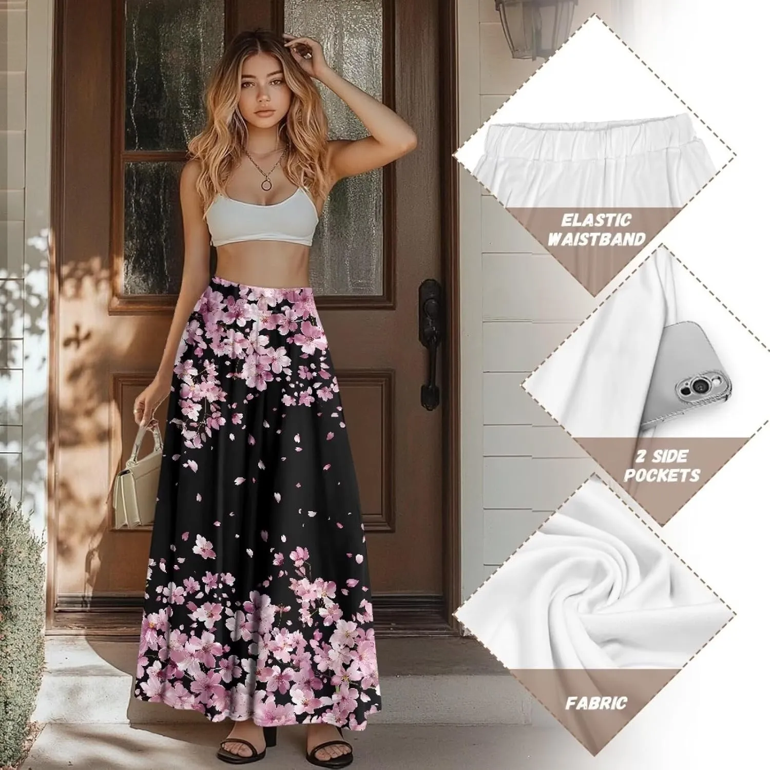Long Maxi Skirts for Women High Waisted Ruched Skirts with Pockets Breathable Boho Clothes for Ladies S-2XL