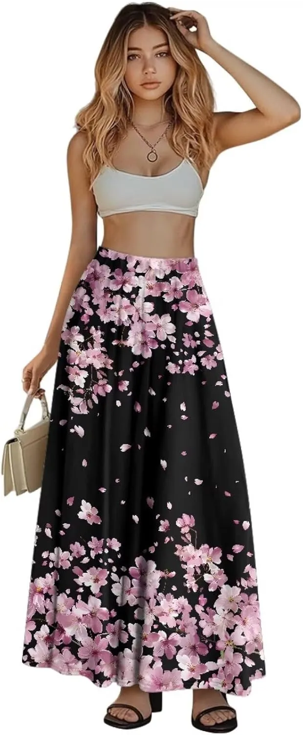 Long Maxi Skirts for Women High Waisted Ruched Skirts with Pockets Breathable Boho Clothes for Ladies S-2XL