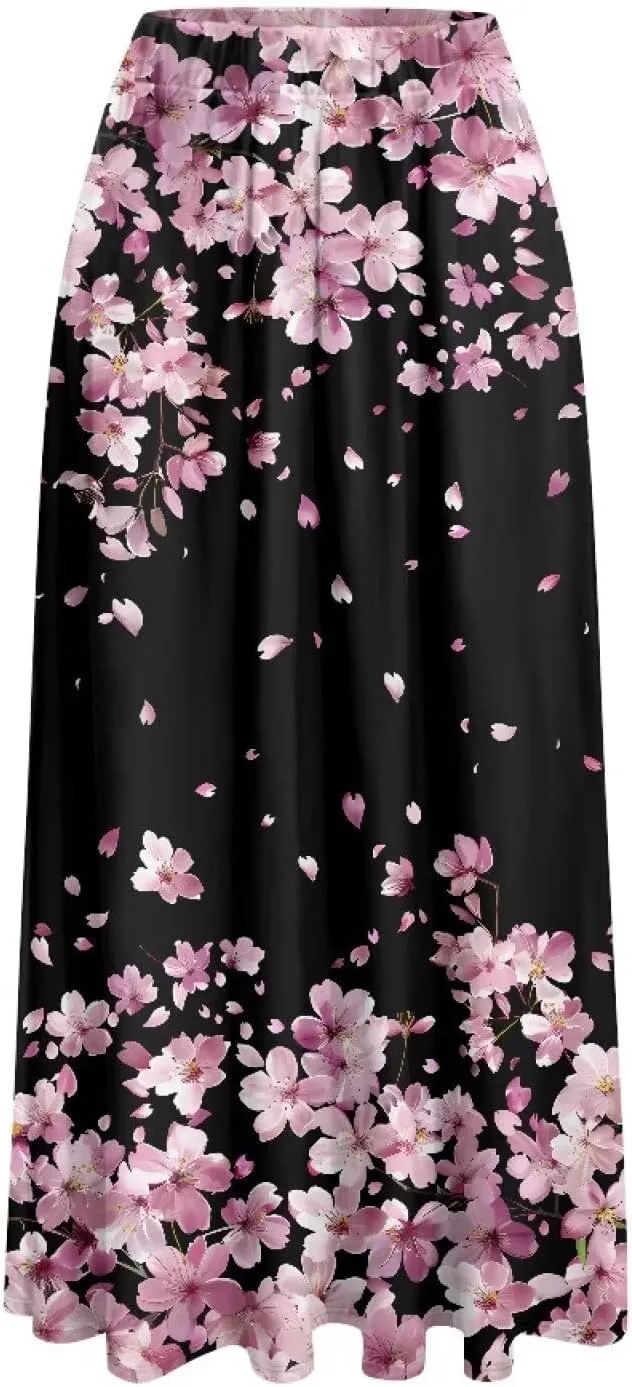 Long Maxi Skirts for Women High Waisted Ruched Skirts with Pockets Breathable Boho Clothes for Ladies S-2XL