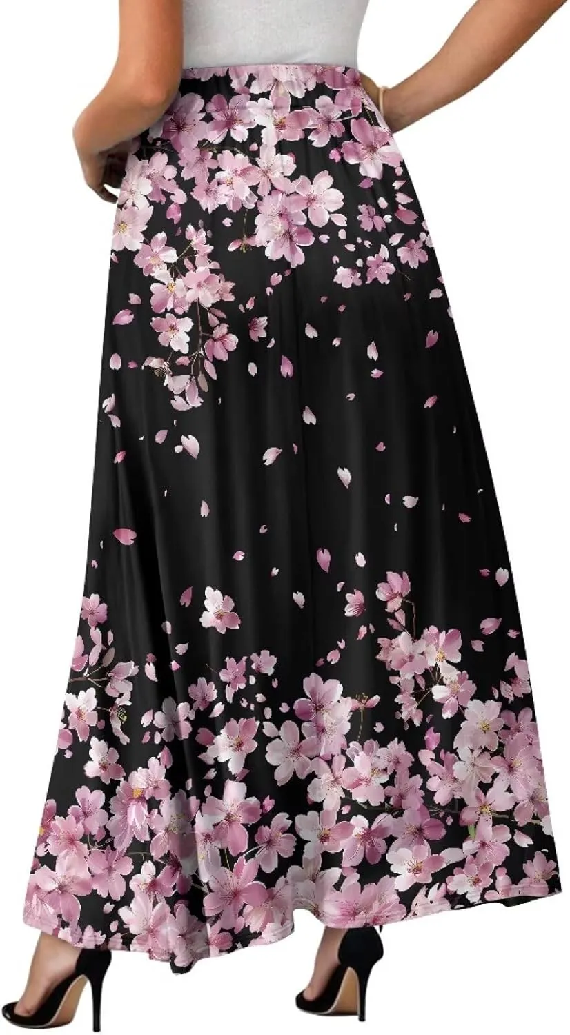 Long Maxi Skirts for Women High Waisted Ruched Skirts with Pockets Breathable Boho Clothes for Ladies S-2XL