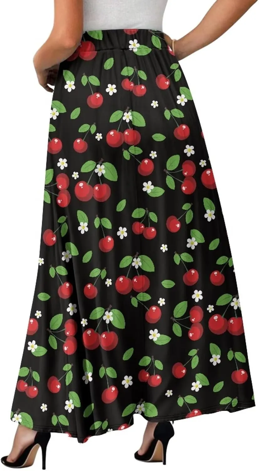 Long Maxi Skirts for Women High Waisted Ruched Skirts with Pockets Breathable Boho Clothes for Ladies S-2XL