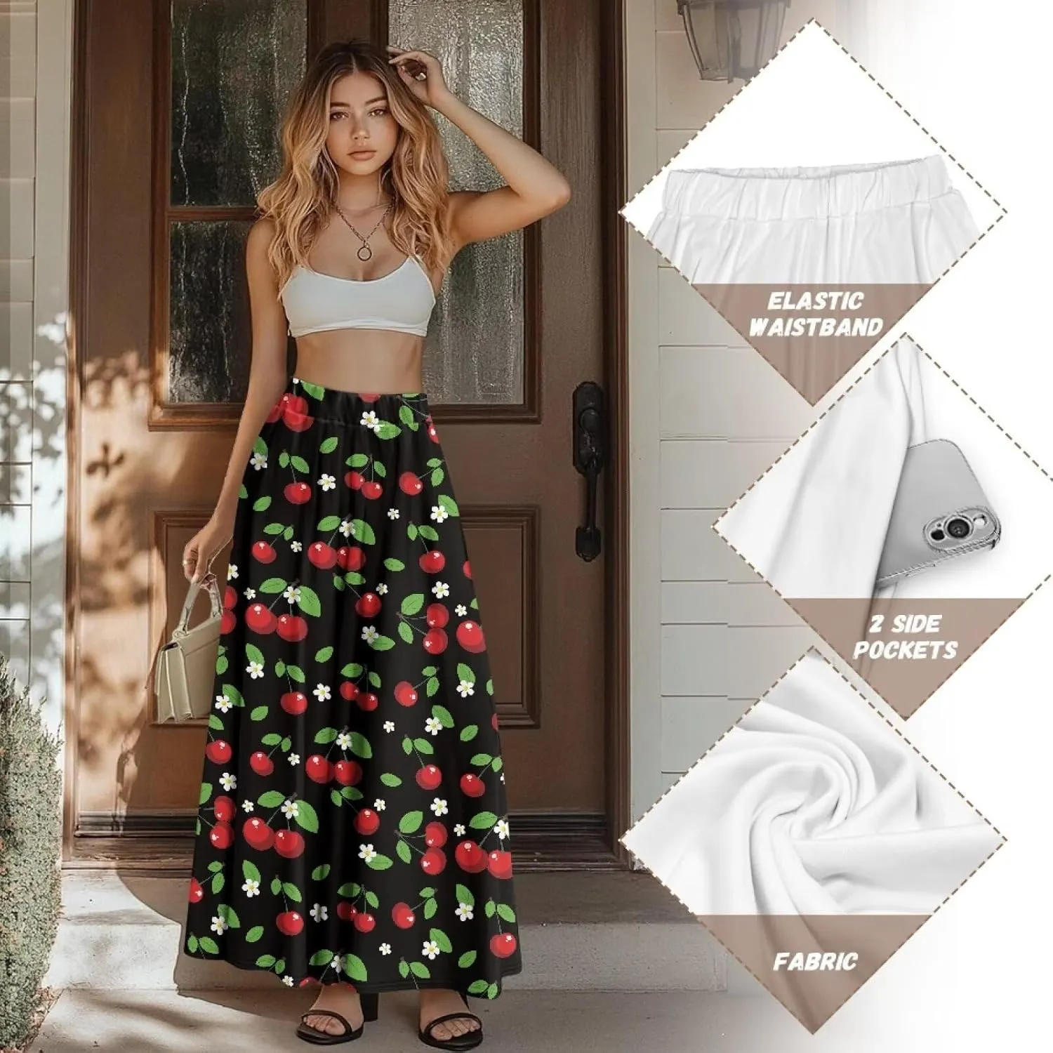 Long Maxi Skirts for Women High Waisted Ruched Skirts with Pockets Breathable Boho Clothes for Ladies S-2XL
