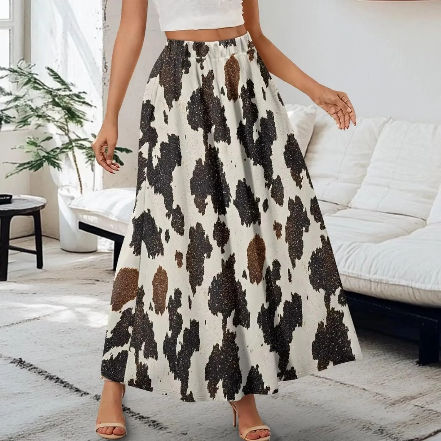 Long Maxi Skirts for Women High Waisted Ruched Skirts with Pockets Breathable Boho Clothes for Ladies S-2XL